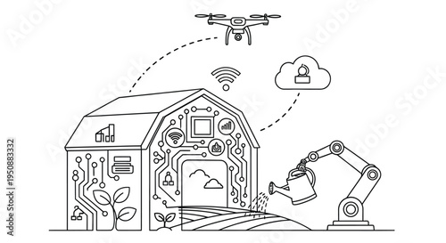 Smart farming illustration showcasing drone technology automation and data connectivity