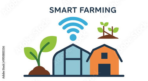 Smart farming illustration featuring buildings plants and a wireless connection symbol