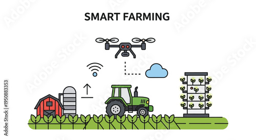 Illustration of smart farming technology integrating drones tractors and vertical farms