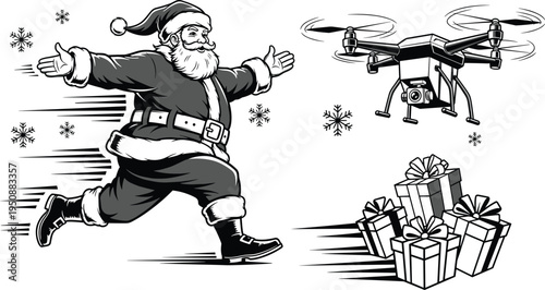 Santa Claus running with drone delivering Christmas gifts, modern holiday delivery concept with flying quadcopter, snowflakes and present boxes isolated vector illustration