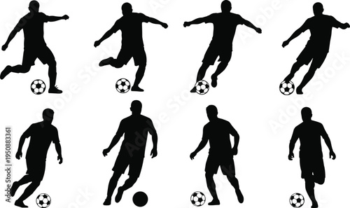 Soccer player silhouettes set with football athletes dribbling and running with ball, sport action poses 