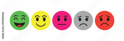 Emoji Mood Faces Set – Colorful Circular Icons Representing Happiness, Neutral, Sadness, and Anger for Feedback, Surveys, and Apps
