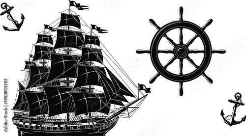 Vintage sailing ship, nautical ship wheel and anchor silhouettes set, classic maritime navigation symbols, old sea voyage transport elements isolated vector illustration