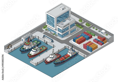 Isometric view of a bustling shipping port with tugboats, cargo ships, and container stacks