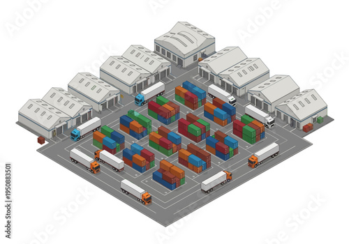 Logistics hub with delivery trucks and shipping containers on a sunny day