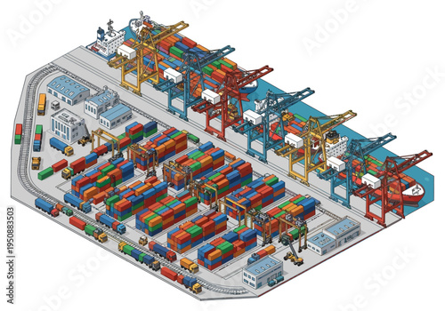 Isometric view of a busy shipping port with container cranes, cargo ships, and stacks of shipping containers