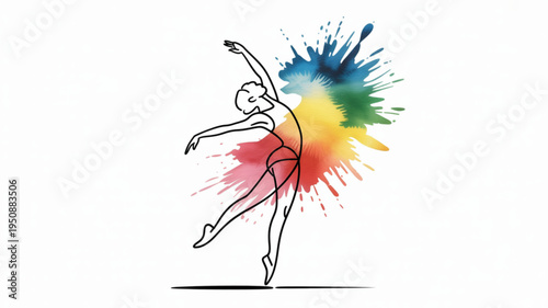 Ballet dancer in dynamic pose with colorful paint splatter background expressing movement and artistry in a vibrant dance scene