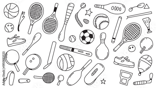 Sports Equipment Doodle Icons Set – Hand-Drawn Black Outline Illustrations of Balls, Rackets, Bats, and Active Lifestyle Gear
