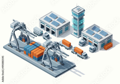 Industrial shipping port with cranes, trucks, and buildings featuring solar panels for a modern logistics hub