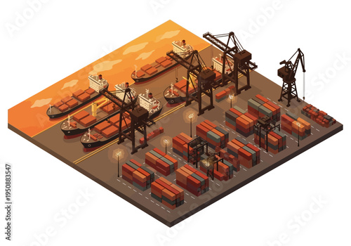 Isometric Port Scene with Cargo Ships and Shipping Containers