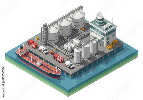 Industrial port with tanker ship, silos, and emergency vehicles for logistics and transportation