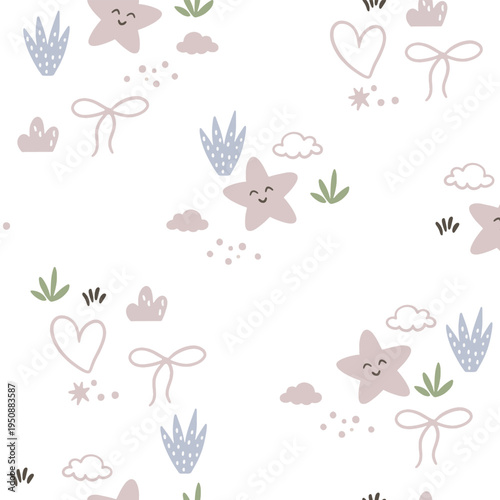A charming, seamless children's pattern featuring animals and nature motifs. A hand-drawn floral pattern depicting animals, clouds, leaves, and nature against a white background.