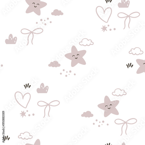 A charming, seamless children's pattern featuring animals and nature motifs. A hand-drawn floral pattern depicting animals, clouds, leaves, and nature against a white background.