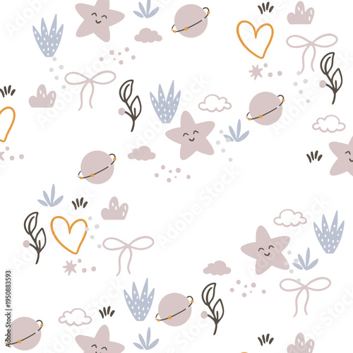 A charming, seamless children's pattern featuring animals and nature motifs. A hand-drawn floral pattern depicting animals, clouds, leaves, and nature against a white background.