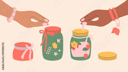 Two hands putting coins into decorated jars with ribbons and colorful designs on a beige background