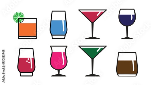 Colorful Drink Icons Set – Flat Stylized Beverages Including Cocktails, Wine, Smoothies, and Spirits for Menus, Apps, and Party Design
