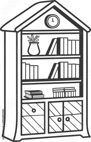 Wooden Bookshelf with Books and Clock Line Icon – Library Cabinet Furniture Vector Illustration