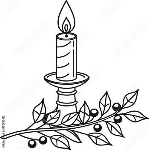 Burning Candle with Leaves Branch Minimal Line Art Illustration