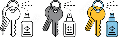 Minimalist Key and Hand Sanitizer Illustration Set Showing Line Art, Gray, and Yellow Blue Versions for Cleaning and Safety