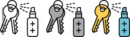 Minimalist Key and Hand Sanitizer Illustration Set Showing Line Art, Gray, and Yellow Blue Versions for Cleaning and Safety