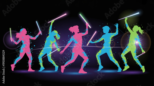 Neon lit dancers with glow sticks performing on dark background with vibrant colorful lights