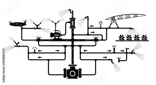 Diagram of an agricultural irrigation system with pipes sprinklers and a pump