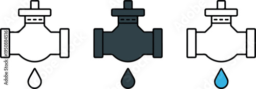 Minimalist Water Valve Icon Set Showing Line Art, Gray, and Light Blue Valves with Droplets in Clean Vector Design