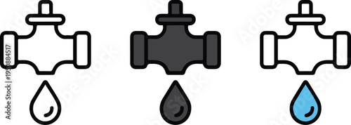 Minimalist Water Valve Icon Set Showing Line Art, Gray, and Light Blue Valves with Droplets in Clean Vector Design