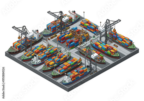 Isometric shipping port with container ships, cranes and cargo loading operations