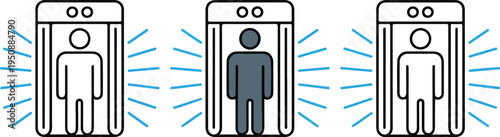 Minimalist Security Scanner Illustration Set Showing Three Human Figures at Metal Detector Stations with Line Art and Gray Silhouette