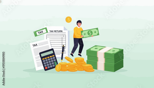Tax Refund Concept with Money Success Financial Flat Vector Illustration