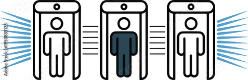 Minimalist Security Scanner Illustration Set Showing Three Human Figures at Metal Detector Stations with Line Art and Gray Silhouette