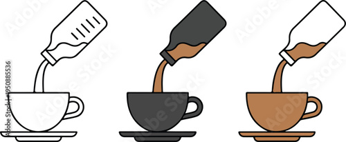 Minimalist Coffee Cup Illustration Set Showing Line Art, Black, and Colored Teacups with Pouring Bottles and Steam Vector Design