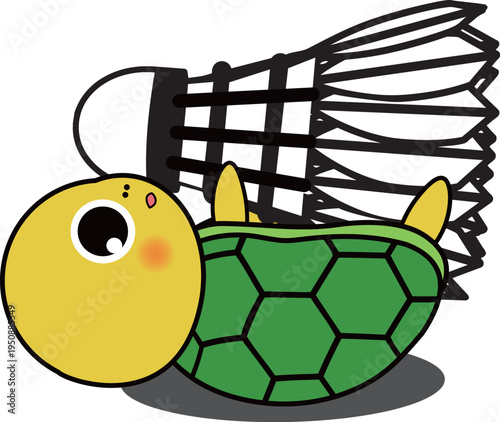 バドミントンの羽を抱っこする可愛い亀の可愛いゆるキャラのイラスト挿絵