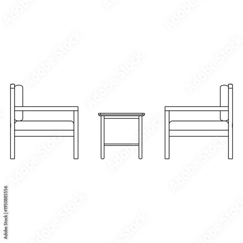 Side view outline illustration of dining furniture set with table, two chairs and bench. Minimal technical line drawing ideal for furniture design reference and interior presentation.