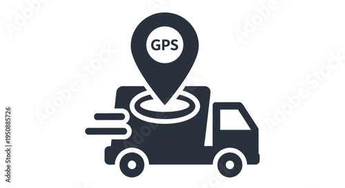 Delivery truck icon with a gps location marker on top dark blue silhouette