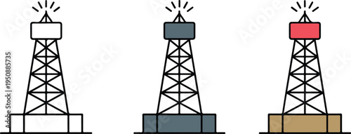 Minimalist Oil Derrick Illustration Set Showing Line Art, Gray, and Red Towers with Lightning Symbol in Geometric Vector Design