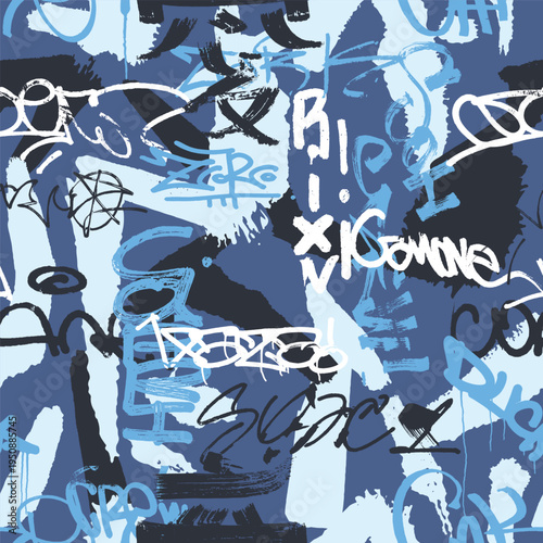 Graffiti seamless background with abstract tags and letters. Fashion hand drawing texture, street art pattern, old school hip hop style design for t shirt, textile, wrapping paper and cover. Vector wa