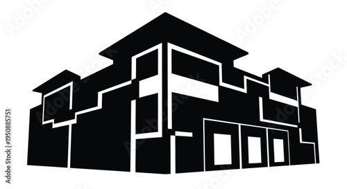 Black and white graphic illustration of a modern angular building facade