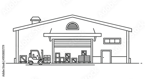 Line art illustration of a warehouse with a forklift and stacked boxes