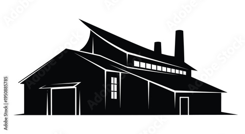 Black silhouette of an industrial building with a chimney and angled rooflines
