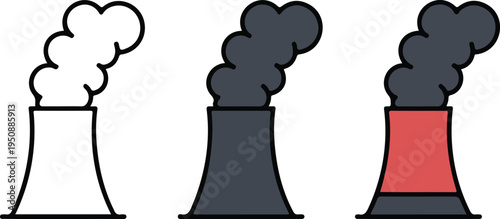 Minimalist Cooling Tower Illustration Set Showing Line Art, Dark Gray, and Red Base Industrial Power Plant Vector Design