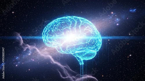 Glowing digital brain in a cosmic nebula with stars