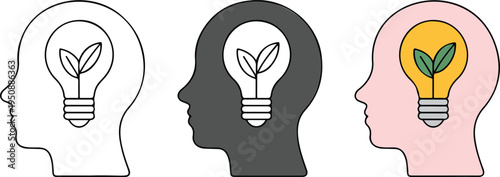 Minimalist Human Head Illustration Set Showing Eco-Friendly Light Bulb Ideas in Black, Gray, and Pink Outlined Silhouettes