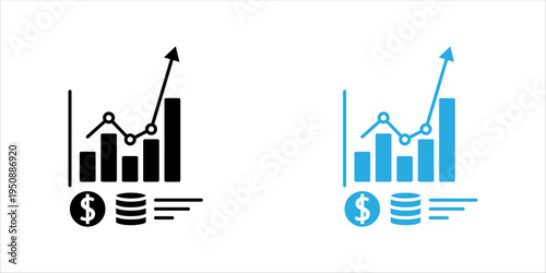 Minimal outline icon set. representing financial analysis with bar chart, currency symbol, and upward arrow illustrating financial performance, revenue growth, and economic analytics.