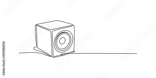 Minimalist continuous line drawing of a modern cube speaker for audio and music