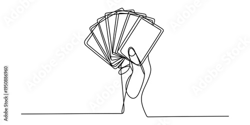 Continuous line drawing of a hand holding a fan of playing cards against a white background.