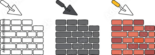 Minimalist Brick Wall Illustration Set Showing White, Gray, and Red Walls with Trowel Icons for Construction Vector Design