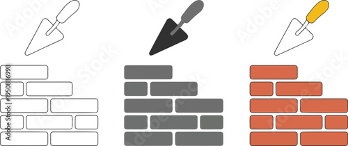 Minimalist Brick Wall Illustration Set Showing White, Gray, and Red Walls with Trowel Icons for Construction Vector Design
