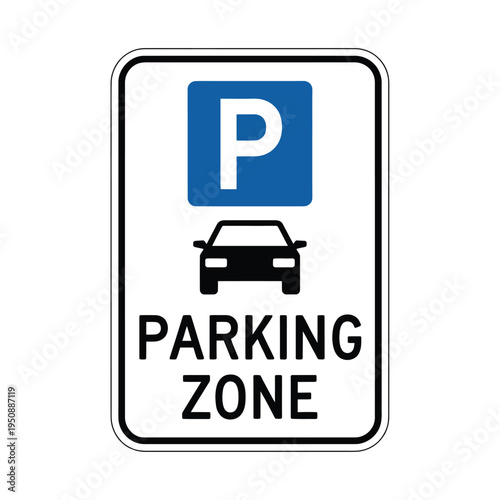 A standard white parking sign with a blue upper section and car icon